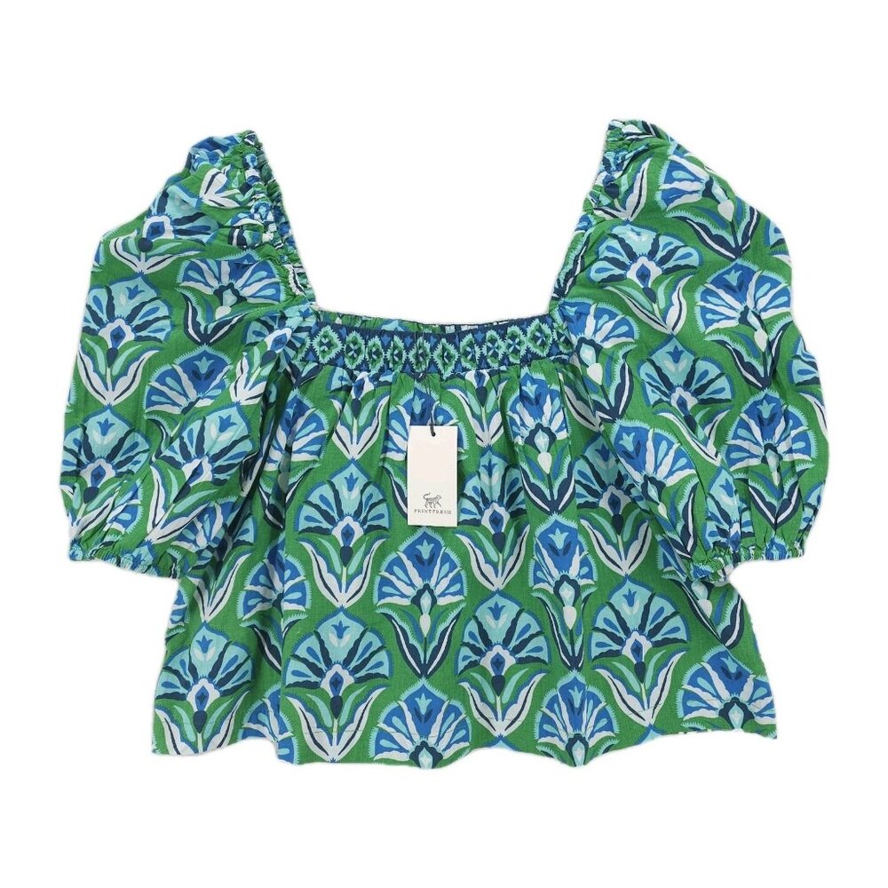 NWT PRINTFRESH Top Blouse Puff Sleeve Green Blue Geo Print 100% Cotton LARGE